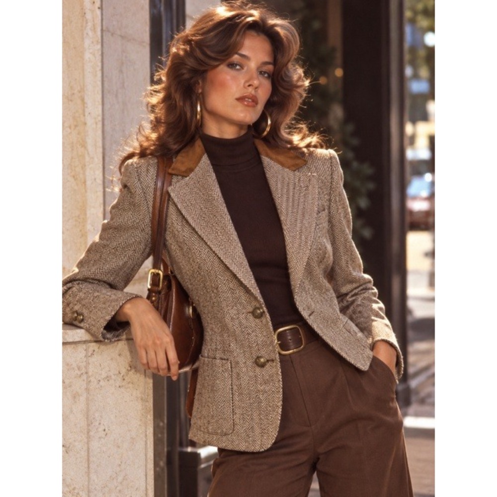 Vintage Herringbone Wool Blazer Brown Corduroy Collar Crest Buttons Tweed Jacket
